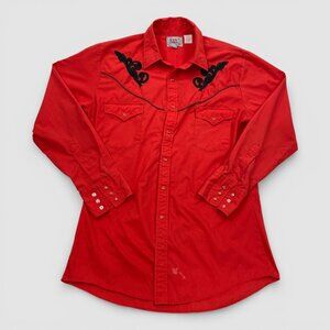 Ely Vintage Red Embroidered Snap Distressed Western Cowboy Shirt Men's Medium